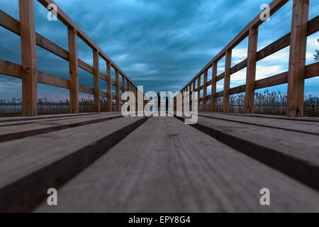 the wooden bridge in one party before the coming nearer thunder storm Stockfoto