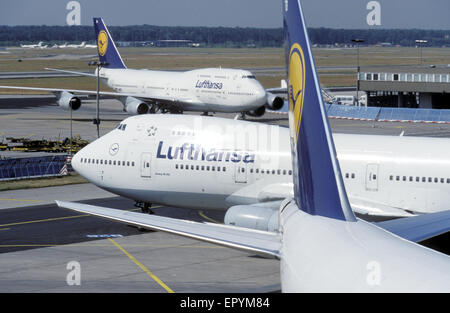 DEU, Deutschland, Hessen, Frankfurt, Flughafen Frankfurt, Landebahn mit Jumbos der Lufthansa.  DEU, Deutschland, Hessen, Frankfurt am Stockfoto
