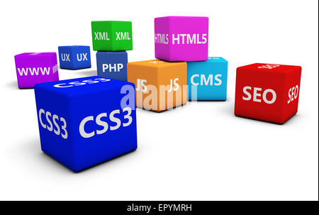 Webdesign, Internet und SEO-Konzept mit Programmierung Sprache Zeichen auf bunten Würfel isoliert auf weißem Hintergrund. Stockfoto