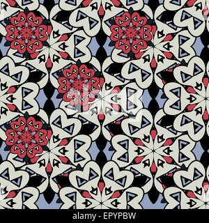 Unendlich viele indische Mandalas Hintergrund. Kleine rote stilisierte Blumen über große grau und hellblau. Vintage nahtlose Tapete. Stock Vektor