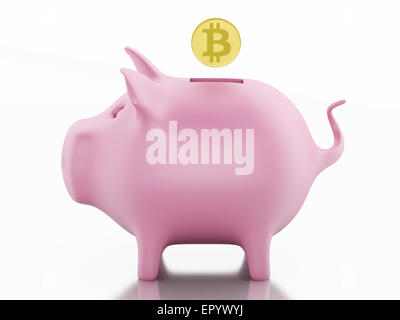 Sparschwein mit Bitcoin auf weißem Hintergrund. 3D Renderer Bild. Stockfoto