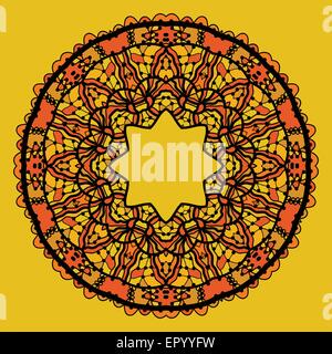 Runde Spitze Patterd Mandala wie Design in gelber Farbe. Kunst Vintage Deko-Elemente. Handgezeichnete tribal-Stil Yantra. Flayer Vorlage orientalischen Motiv. Stock Vektor