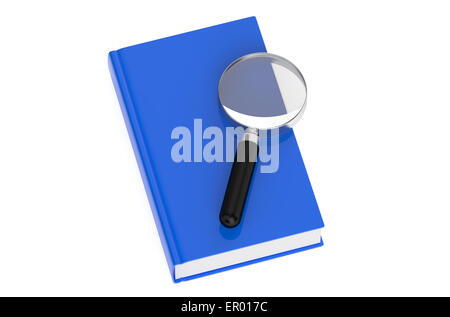 Lupe mit Buch isoliert auf weißem Hintergrund Stockfoto