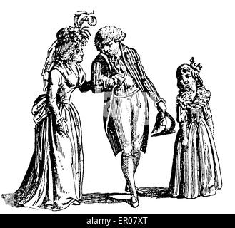 Vintage Gravur Darstellung Frauen und Männer Mode tragen zur Zeit der französischen Revolution Stockfoto