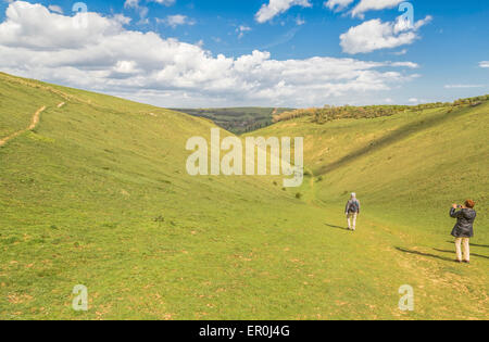 Wanderer zu Fuß hinunter ins Tal der Devils Dyke auf den South Downs Way, in der Nähe von Brighton, West Sussex, England, Vereinigtes Königreich. Stockfoto