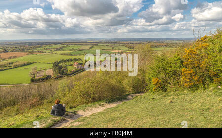 Eine Frau, die Aussicht entlang der Devils Dyke auf den South Downs Way, in der Nähe von Brighton, West Sussex, England, Vereinigtes Königreich. Stockfoto