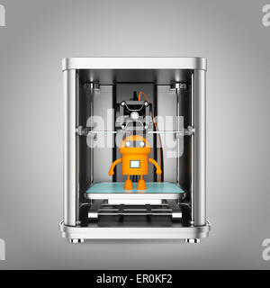 3D-Drucker und Spielzeug gelben Roboter in. freistellungspfad zur Verfügung. Stockfoto