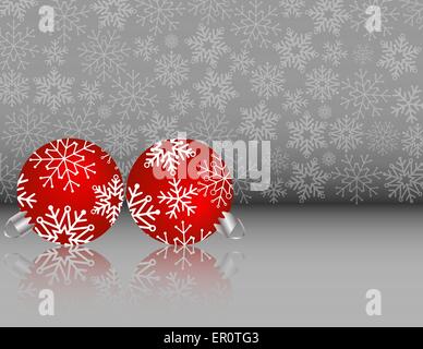 Satz von roten Weihnachtskugeln auf eine silberne Schneeflocke Hintergrund Stock Vektor
