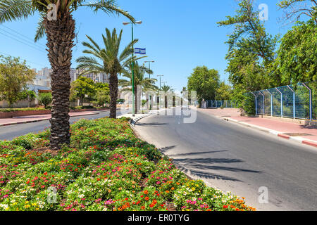 Grüne Blumenbeet und Palmen entlang städtische Straße in Ashkelon, Israel. Stockfoto