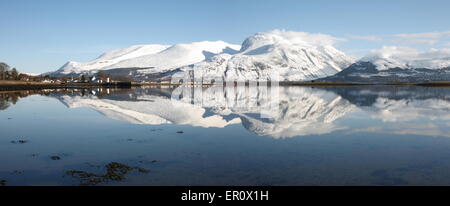 Panorama eines schneebedeckten Ben Nevis spiegelt sich im Winter im Loch Linnhe. Stockfoto
