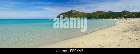 Villasimius, Sardinien, Italien, 05.07.2015. Panoramablick auf den berühmten Porto Giunco beach, eines der schönsten in Sardinien. Stockfoto