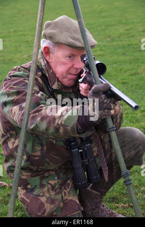 Duff Hart-Davis Rotwild Pirsch mit seinem Jagdhund und mit einer erhöhten Baum platform.a UK schießen shooting'blood sports'venison Stockfoto