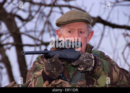 Duff Hart-Davis Rotwild Pirsch mit seinem Jagdhund und mit einer erhöhten Baum platform.a UK schießen shooting'blood sports'venison Stockfoto