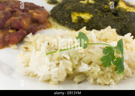Sag Paneer - authentische indische Küche mit Basmati-Reis und Bohnen-curry Stockfoto