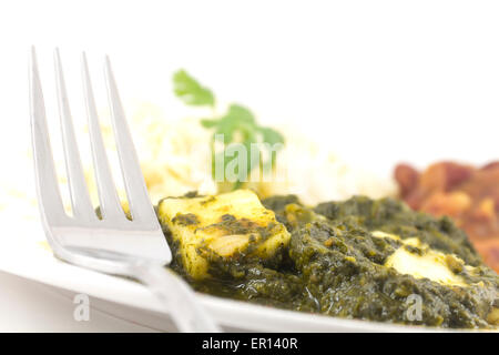 Sag Paneer - authentische indische Küche mit Basmati-Reis und Bohnen-curry Stockfoto