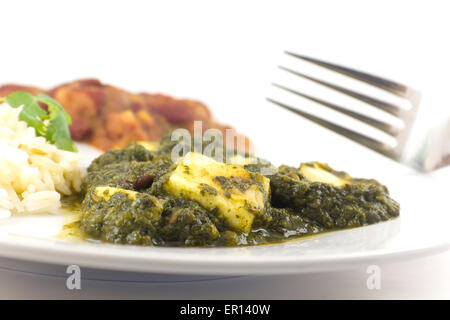 Sag Paneer - authentische indische Küche mit Basmati-Reis und Bohnen-curry Stockfoto