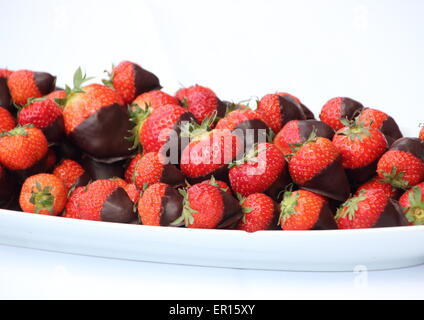 Platte mit roten Erdbeeren in Schokolade braun auf weißem Hintergrund getaucht Stockfoto