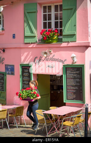 Darlegung der Blumen an Cafe Maison Rose, Montmartre, Paris, Frankreich Stockfoto