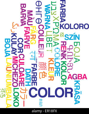 Hintergrund-Konzept Wordcloud mehrsprachige internationale Sprache Außenillustration Farbe Stockfoto