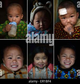 (150525)--DAHUA, 25. Mai 2015 (Xinhua)--kombinierte Foto im Januar bis Mai 2015 zeigt Porträts von Kindern im Alter von 9 Monaten bis 5 Jahre im Nongyong Dorf dann Township im Südwesten Chinas Guangxi Zhuang Autonome Region. Sie alle Leben mit Großeltern, Eltern außerhalb des Dorfes arbeiten, die dann Township mit Karst Landschaftsformen als eines der am meisten ungeeignete Orte für menschliche Behausung außer Wüste von UNFAO identifiziert wird. In solchen schwierigen Bedingungen lebenden Menschen haben Kämpfe zwischen Mensch und Natur sowie die Entwicklung der Schleppverband erlebt. Stockfoto