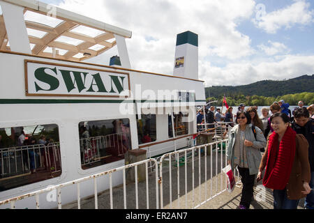 Lake Windermere, Cumbria, UK. 25. Mai 2015. Sun bringt Touristen für Bank Holiday Montag in Bowness Bay am Lake Windermere. Ausflüge auf dem See beliebt wie eh und je. Der Passagier-Dampfer The Swan (Baujahr 1938) Arriveing bei Bowness Bay Pier Head Credit: Gordon Shoosmith/Alamy Live News Stockfoto