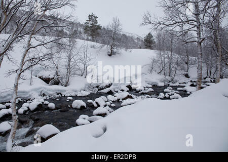 Fluss-Stream und Schnee in Vengedalen, Rauma Kommune, Møre Og Romsdal, Norwegen. Stockfoto