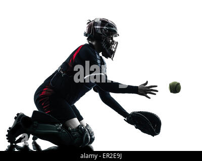 eine Frau spielen Softball-Spieler in der Silhouette isoliert auf weißem Hintergrund Stockfoto