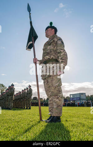 Soldaten aus der Royal Irish Regiment hält eine Fahne während einer Parade. Stockfoto