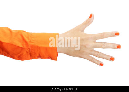 Weibliche Hand in orangefarbenen t-Shirt Stockfoto