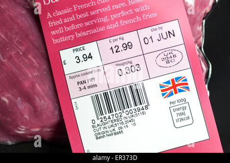 In UK Label auf eine Packung von britischen Bavette Steak geschlachtet. Stockfoto