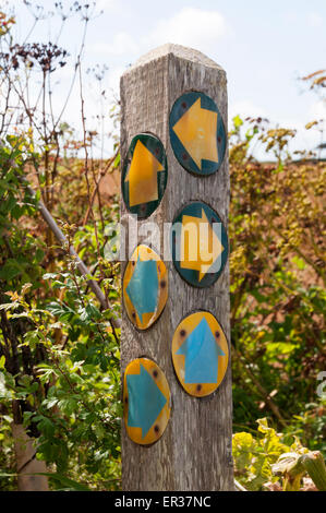 Große Anzahl von Wegweiser Pfeile auf einem Schild in der englischen Landschaft. Stockfoto