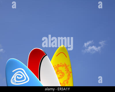 Eine Reihe von Surfbretter vertikal positioniert mit einem blauen Himmel und Wolken im Hintergrund Stockfoto
