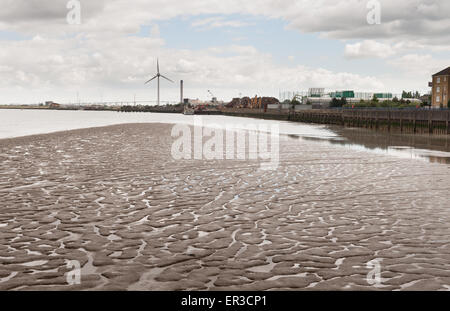 auf der Suche nach Osten in Richtung Dartford crossing Queen Elizabeth II Bridge mit Fluss Themse Schlammbank an Sandstraenden im Vordergrund Stockfoto