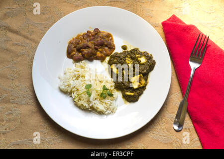 Sag Paneer - authentische indische Küche mit Basmati-Reis und Bohnen-curry Stockfoto