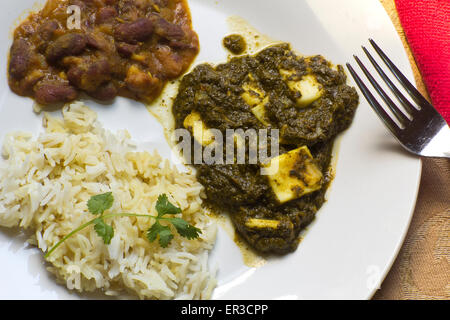 Sag Paneer - authentische indische Küche mit Basmati-Reis und Bohnen-curry Stockfoto