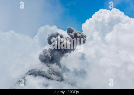 Ausbruch des Fuego Vulkans (3763 m) befindet sich in Antigua, Guatemala. Stockfoto