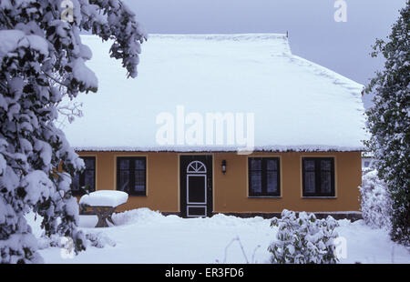 DEU, Deutschland, Mecklenburg-Vorpommern, Ahrenshoop an der Ostsee, Haus mit Reetdach, winter.  DEU, Deutschland, Stockfoto