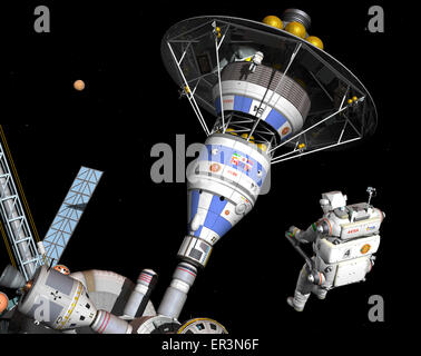 Ein paar Astronauten in bemannte manövrieren Einheiten durchführen eine Endkontrolle eines bemannten Mars Lander/Rückkehr Fahrzeugs vor disemb Stockfoto