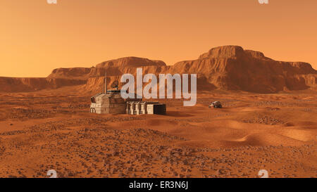 Ein bemannter Lebensraum beruht auf der felsigen und desolate Oberfläche des Mars. Im Hintergrund ist eine Mesa und auf der rechten Seite eine bemannte Rover. Stockfoto