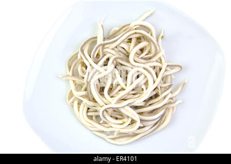 Baby-Aale, Gula oder Glasaal ersetzen in Knoblauch-Sauce. Traditionelle spanische Tapa. Stockfoto