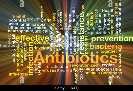 Hintergrund-Konzept Wordcloud Illustration von Antibiotika leuchtenden Licht Stockfoto