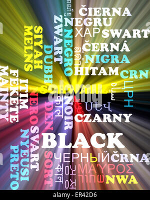 Hintergrund-Konzept Wordcloud mehrsprachige internationale Sprache Außenillustration schwarz leuchtenden Licht Stockfoto