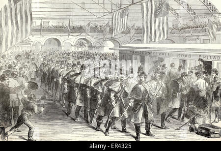 Die sechste Regiment Massachusetts freiwillige verlassen Jersey City Railroad Depot nach Washington DC, Defend 18. April 1861 Bürgerkrieg USA Stockfoto