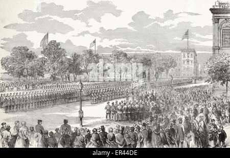 Die deutschen Regiment, Steuben Freiwilligen, Colonel John E Bendix Kommandeur, Erhalt der amerikanischen und Steuben Fahnen vor der City Hall, New York, 24. Mai 1861 USA Bürgerkrieg Stockfoto