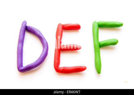 Plastilin Buchstaben isoliert DEF auf weißem Hintergrund Stockfoto