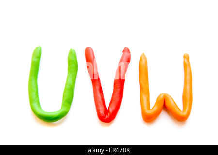 Plastilin Buchstaben isoliert UVW auf weißem Hintergrund Stockfoto