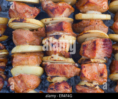 Schaschlik - georgische Mahlzeit mit Fleisch und Gemüse auf schwelende Kohlen gegart Stockfoto