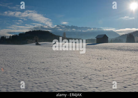 Schnee bedeckte Ebene in der Nähe Pichl Kainisch mit Wald- und Grimming, Steiermark, Österreich Stockfoto