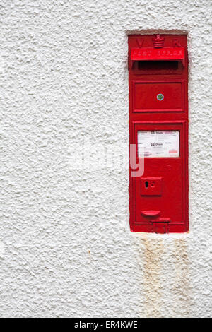 VR-Postkasten in Rot in weißer Wand im Lower Fishguard oder Abergwaun, Pembrokeshire Coast National Park, Wales, Großbritannien im Mai Stockfoto