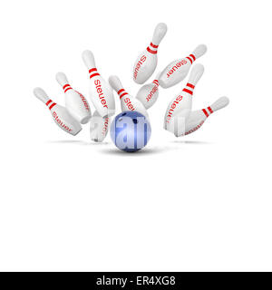 Bowling-Kegel und Steuer-Text-Hintergrund Stockfoto